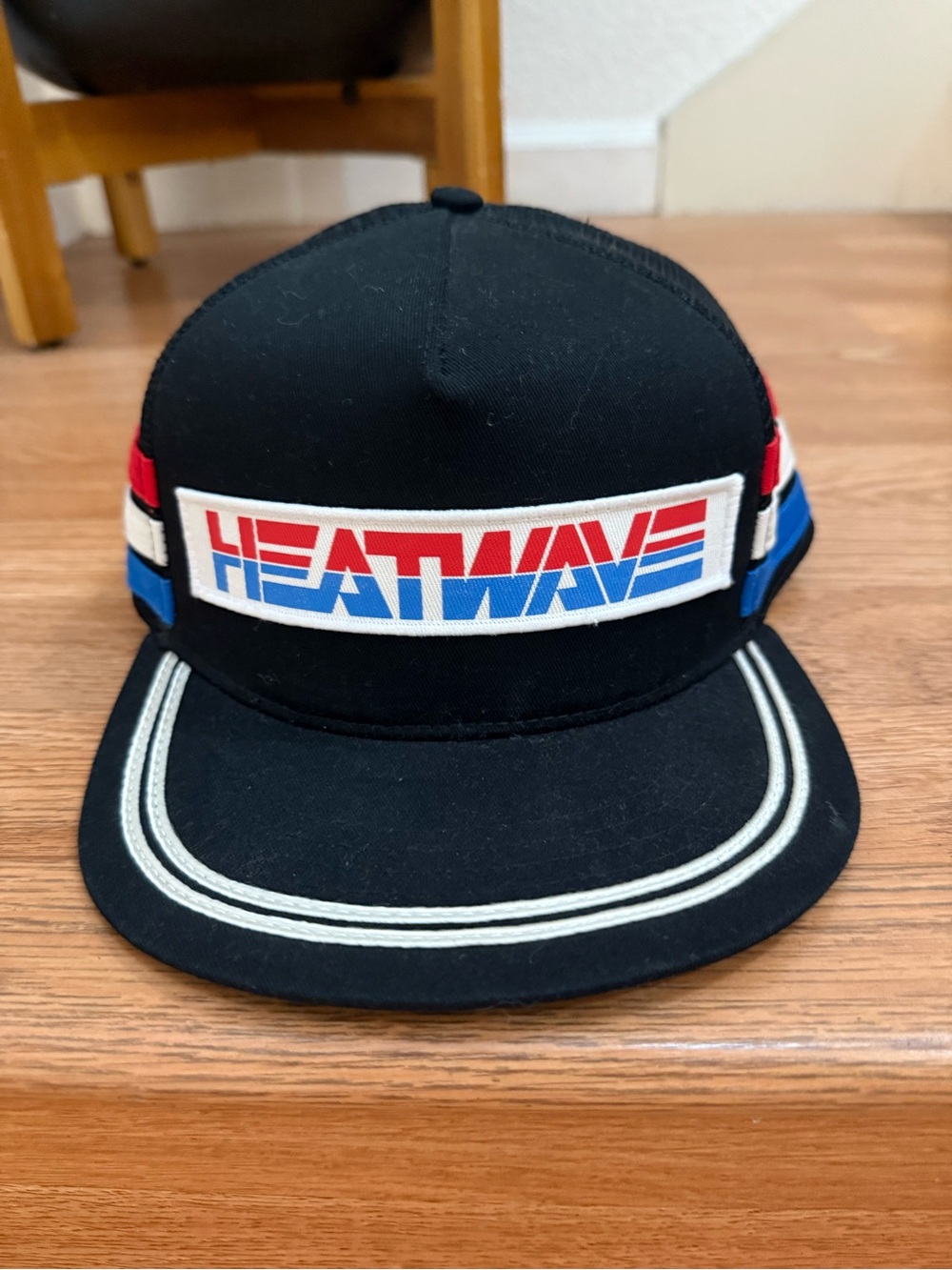 Heatwave Trucker Hat – Black Red White Blue Stripe Snapback